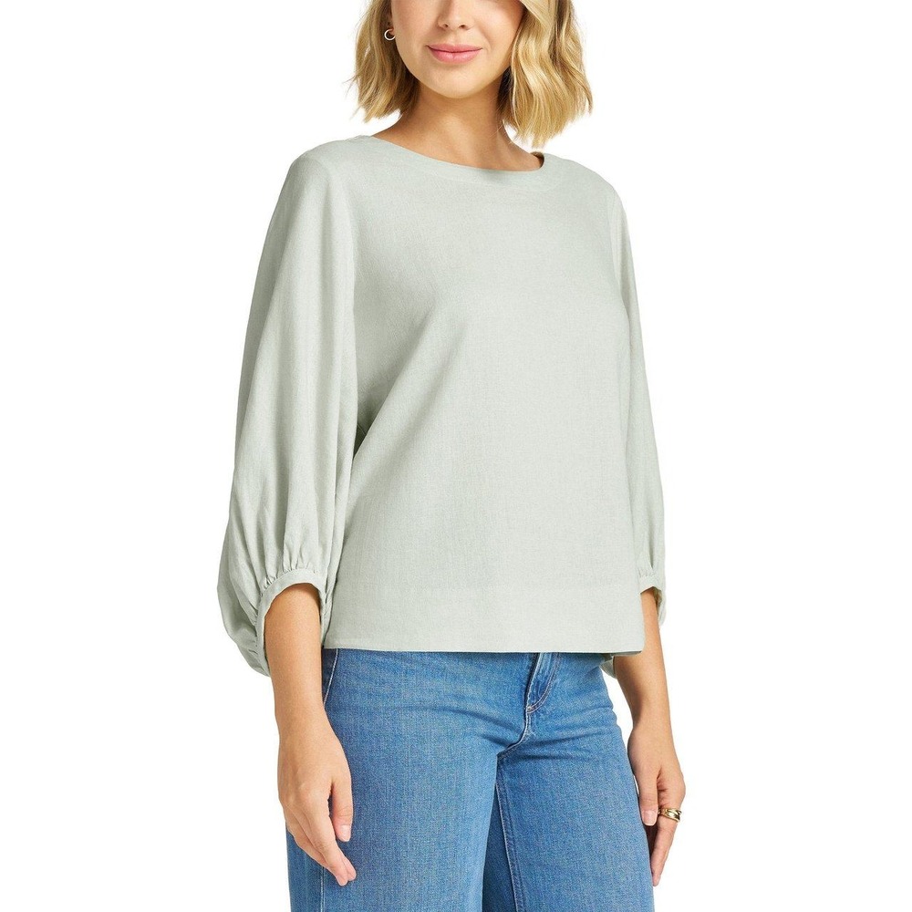 Matty M Womens Linen Blend Puff Sleeve Blouse Oatmeal Boat Neck Top L - Picture 4 of 4